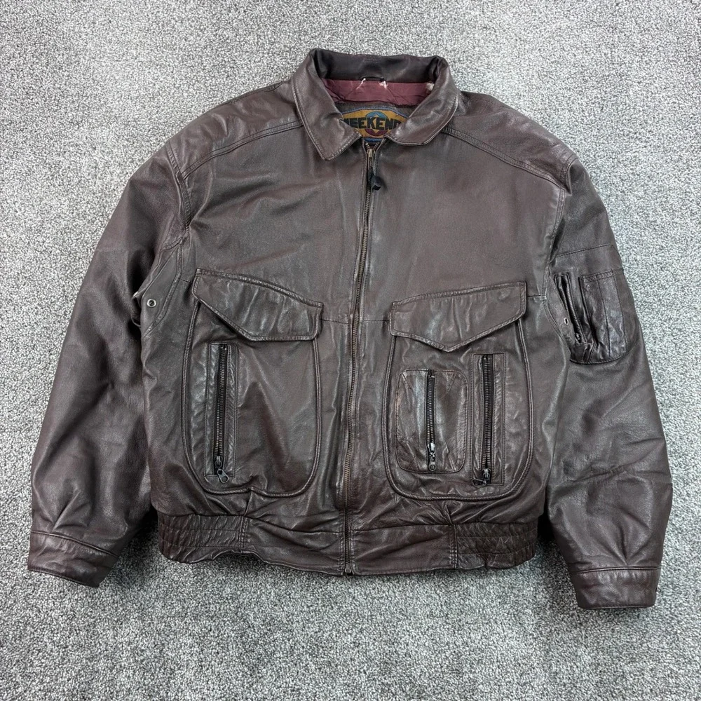 Vintage Weekends Bomber Jacket Mens XL Brown Leather Multi Pocket Utility Flight